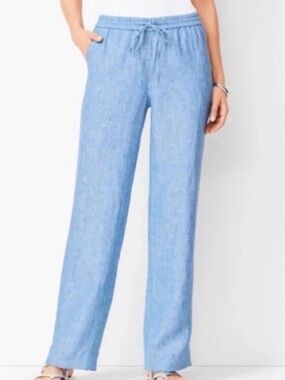 TALBOTS 100% Linen Chambray Pants Sz 4 Blue Tie Waist Pockets Wide Leg 30X30